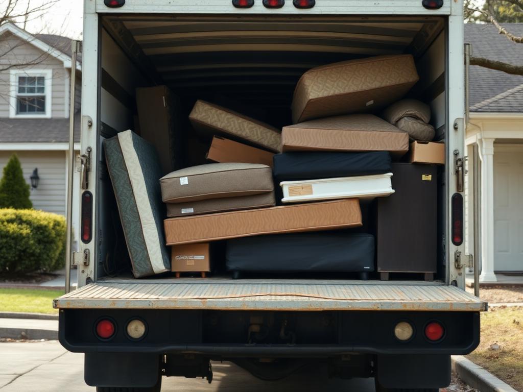 Junk removal truck loaded with furniture and mattresses from a property cleanout