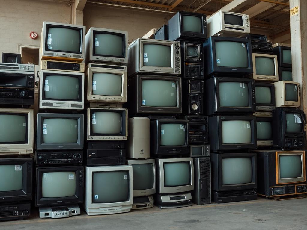 Stacked old televisions and monitors staged for certified e-waste recycling